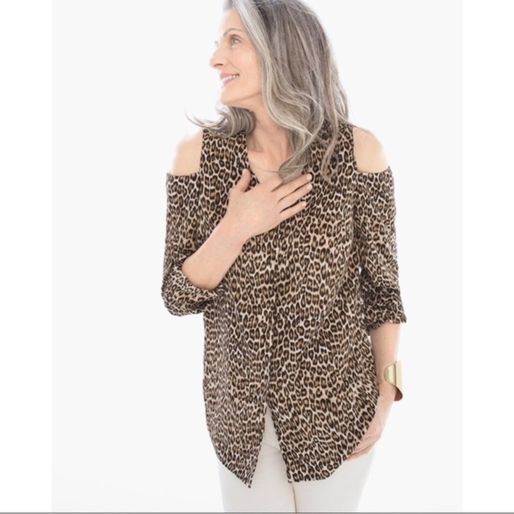 Chico’s leopard print cold-shoulder blouse large